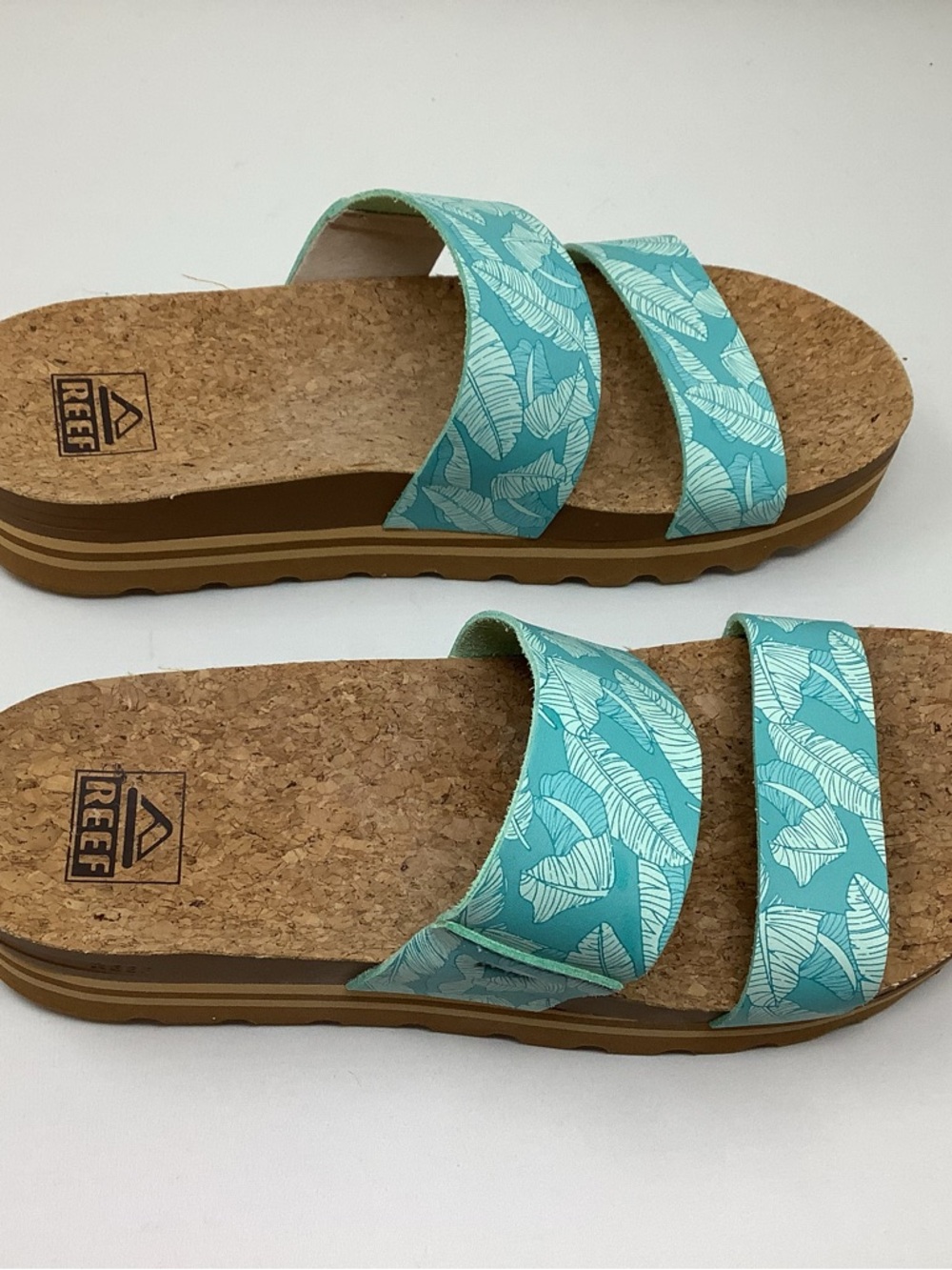 Reef Vista Hi Aqua Palm Leaf Cork Platform Sandals - Picture 2 of 6